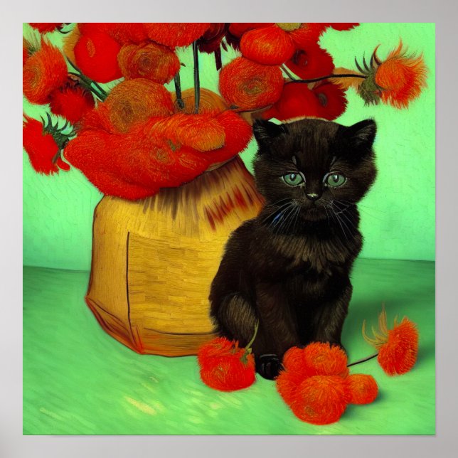 Van Gogh Black Kitten Red Blume Poster (Vorne)