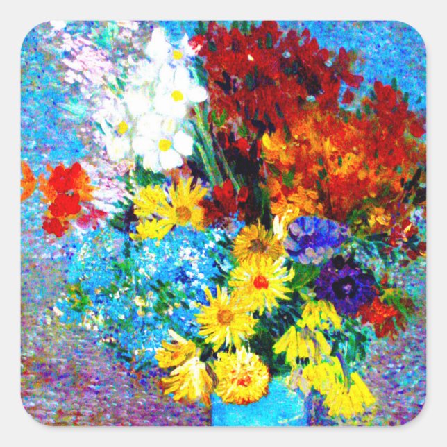Van Gogh-Blume in einer Blauen Vase Quadratischer Aufkleber (Vorderseite)