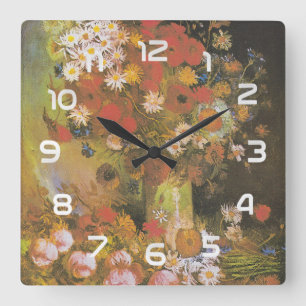 Van Gogh Blumen-Stillleben Rote Mohnblumen und Ros Quadratische Wanduhr