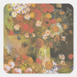 Van Gogh Blumen-Stillleben Rote Mohnblumen und Ros Quadratischer Aufkleber