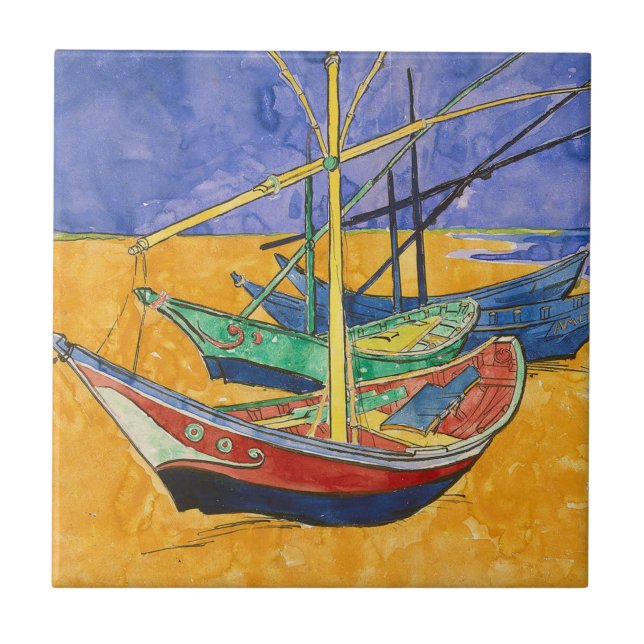 Van Gogh Boats Impressionismus Beach Fliese (Vorderseite)