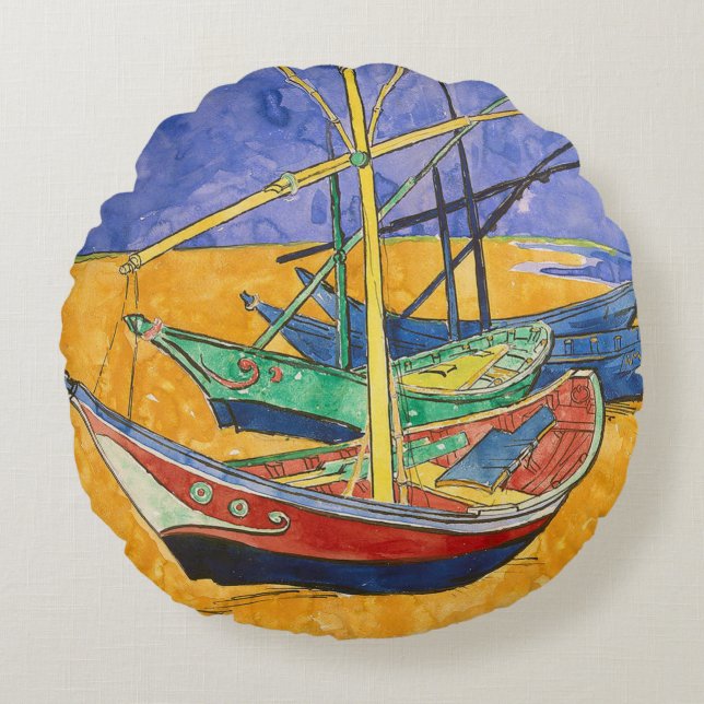 Van Gogh Boats Impressionismus Beach Rundes Kissen (Vorderseite)