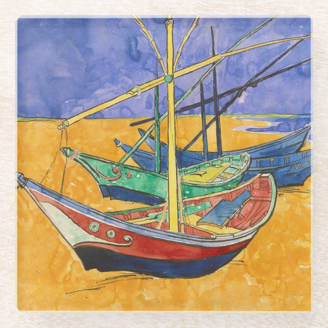 Van Gogh Boote Impressionismus Strand Glasuntersetzer (Vorderseite)