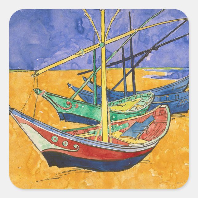 Van Gogh Boote Impressionismus Strand Quadratischer Aufkleber (Vorderseite)