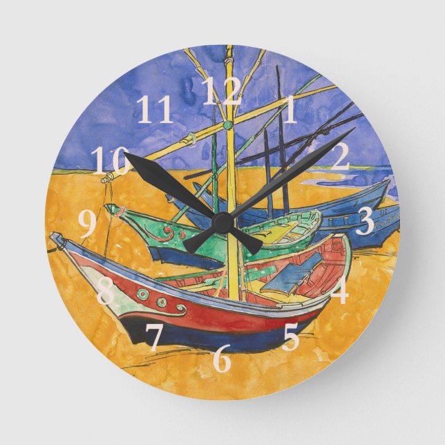 Van Gogh Boote Impressionismus Strand Runde Wanduhr (Vorderseite)