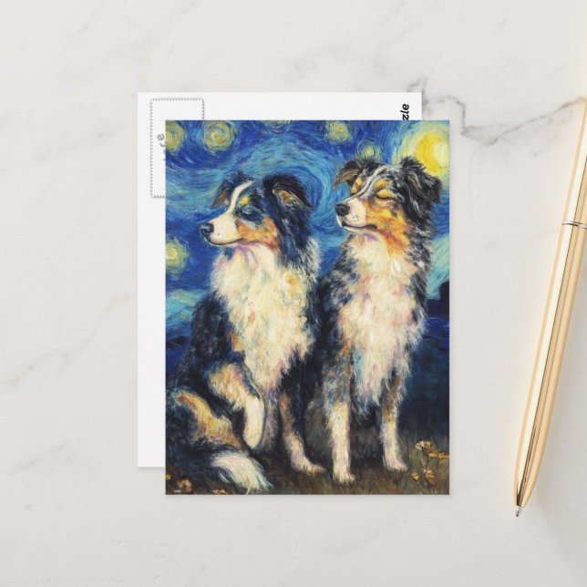 Van Gogh Border Collies Postkarte (Vorderseite/Rückseite Beispiel)