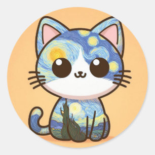 Van Gogh Cat Cartoon Starry Night Runder Aufkleber