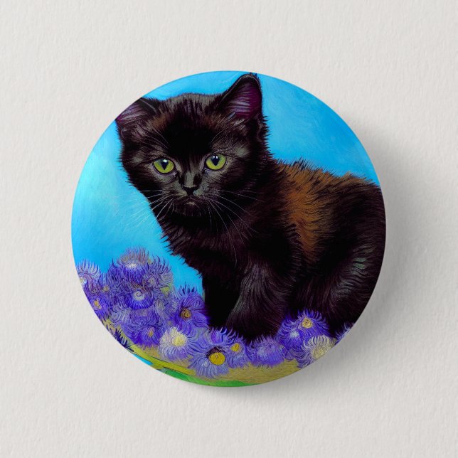 Van Gogh Cat und Blume Button (Vorderseite)