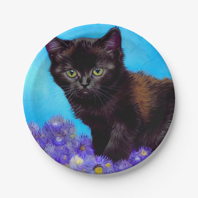 Van Gogh Cat und Blume Pappteller (Vorderseite)