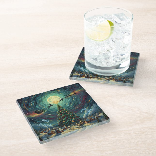 Van Gogh Christmas Glass Coaster Winter Village Glasuntersetzer (Schrägansicht)