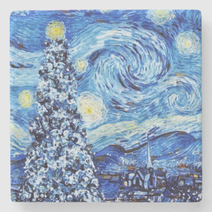 Van Gogh - Die Sternennacht - Weißes Weihnachten  Steinuntersetzer