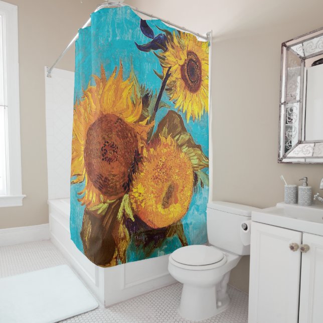 Van Gogh - Drei Sonnenblumen in einer Vase - Kunst Duschvorhang (Beispiel)