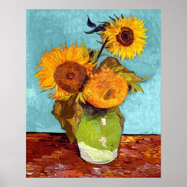 Van Gogh - Drei Sonnenblumen in einer Vase - Kunst Poster (Vorne)