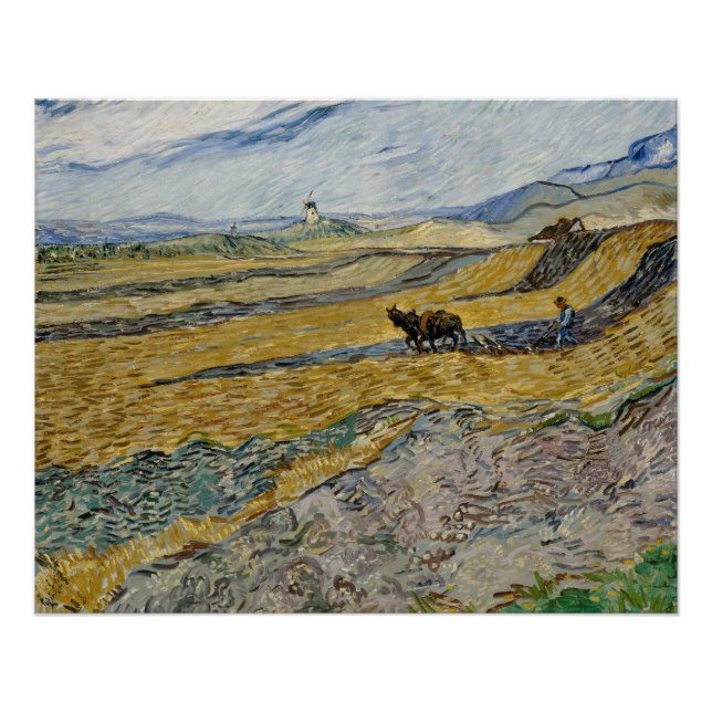 Van Gogh Enclosed Field mit Plowman Glossy Poster (Vorderseite)