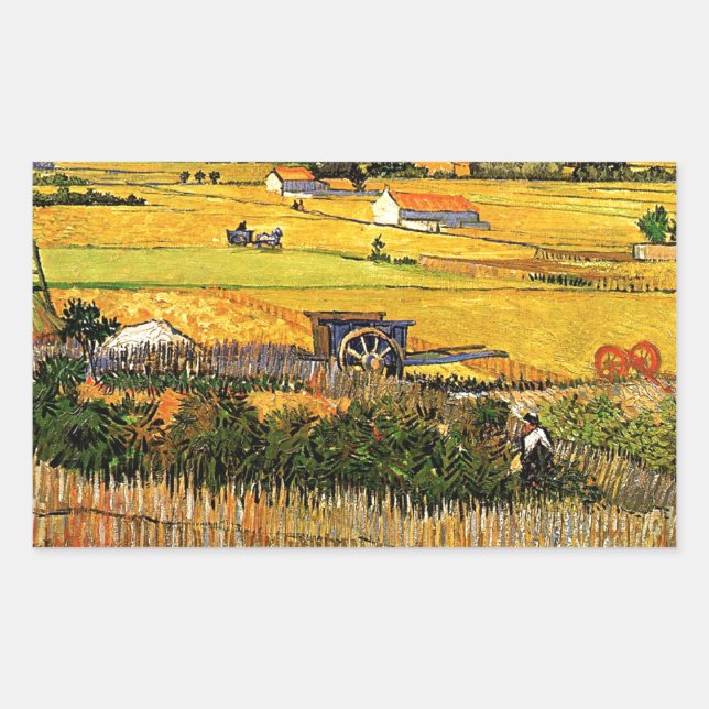 Van Gogh: Ernte in La Crau mit Montmajour Rechteckiger Aufkleber (Vorderseite)