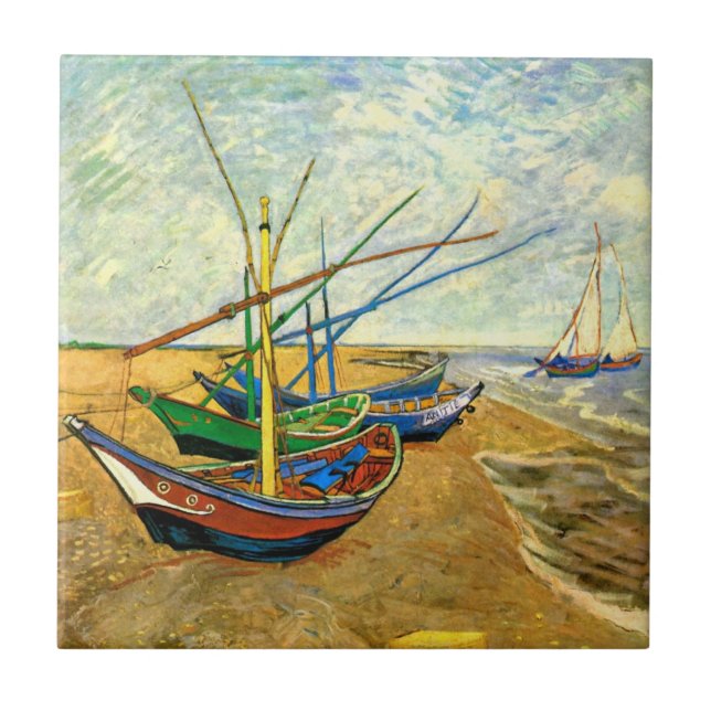 Van Gogh Fischerboote am Strand in Saintes Maries Fliese (Vorderseite)