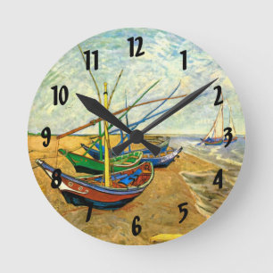 Van Gogh Fischerboote am Strand von Saintes Maries Runde Wanduhr