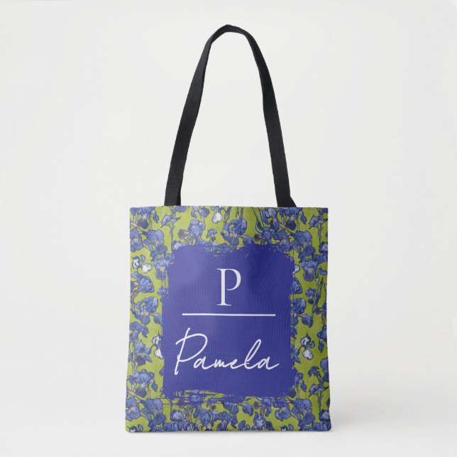 Van Gogh Irises Apfelgrün Monogramm  Tasche (Vorderseite)