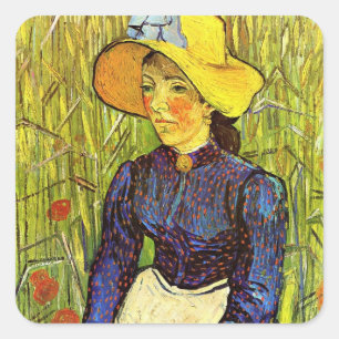 Van Gogh, Junge Bäuerin mit Strohhut Quadratischer Aufkleber