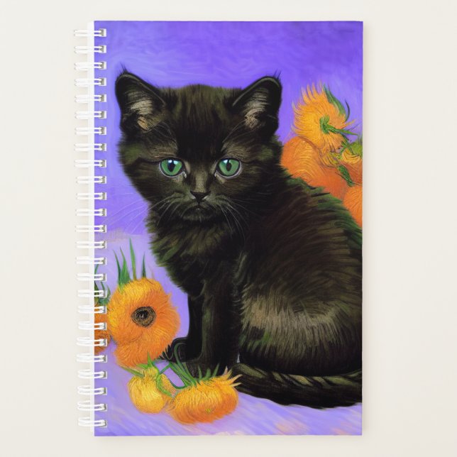 Van Gogh Kitten noir avec des tournesols (Devant)
