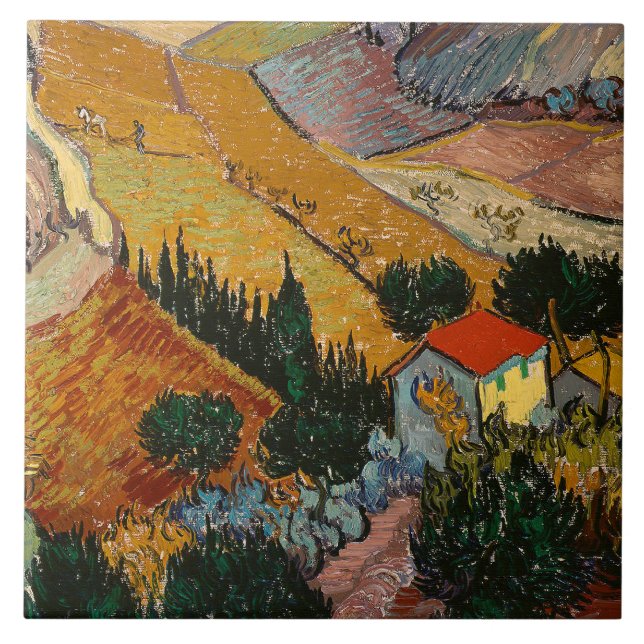 Van Gogh - Landschaft mit House und Plowman, Fliese (Vorderseite)
