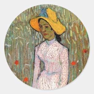 Van Gogh, Mädchen stehend; Weizenfeld im Hintergru Runder Aufkleber