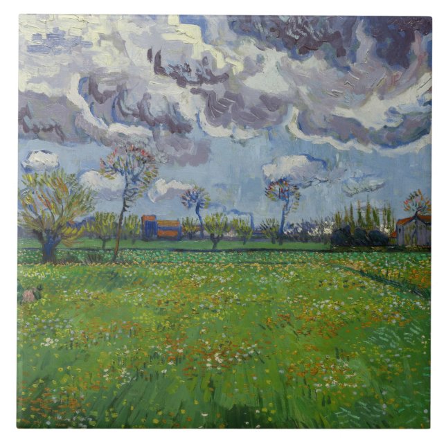 Van Gogh Meadow mit Blume unter einem stürmischen  Fliese (Vorderseite)
