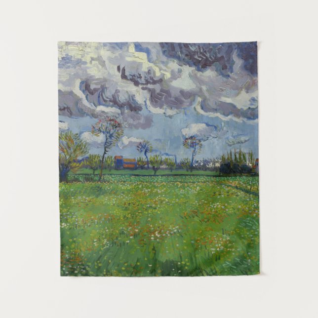 Van Gogh Meadow mit Blume unter einem stürmischen  Wandteppich (Vorderseite)
