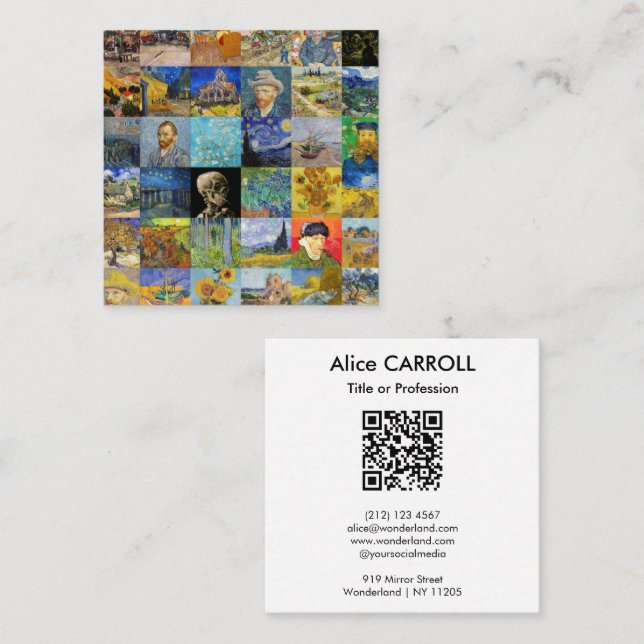 Van Gogh - Meisterwerke - Mosaik-Patchwork - QR-Co Quadratische Visitenkarte (Vorne/Hinten)