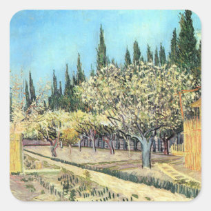 Van Gogh Obstgarten in Blüte, umgeben von Zypresse Quadratischer Aufkleber