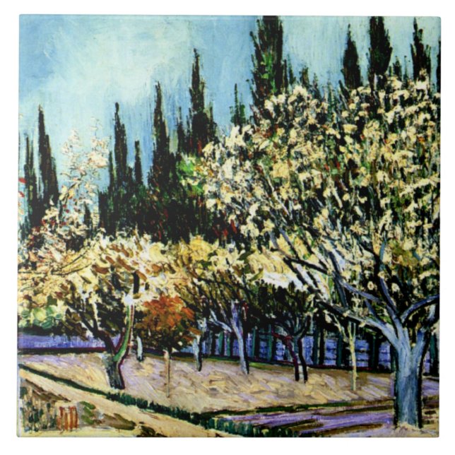 Van Gogh - Obstgarten umgeben von Zypressen Fliese (Vorderseite)