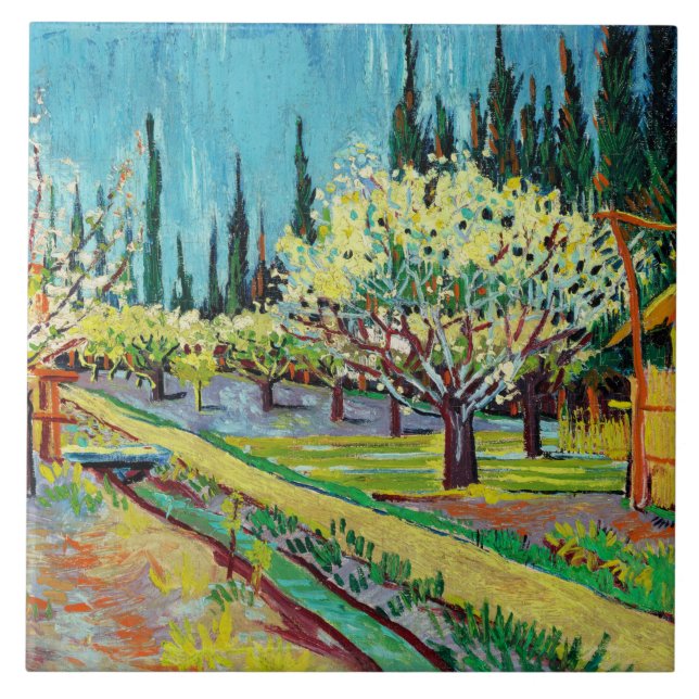 Van Gogh - Obstgarten, von Zypressen begrenzt Fliese (Vorderseite)