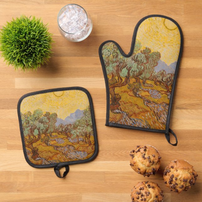 Van Gogh Olive Trees Yellow Sun Sky Ofenhandschuh & Topflappen-Set (Oben Unten)