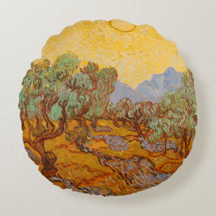 Van Gogh Olivenbäume Gelbe Sonne Himmel Rundes Kissen