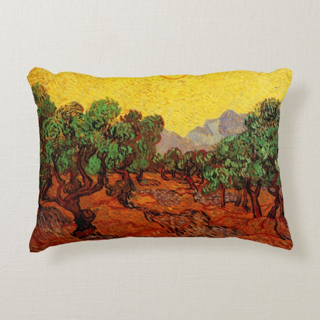 Van Gogh Olivenbäume mit gelbem Himmel und Sonne Dekokissen (Vorderseite)