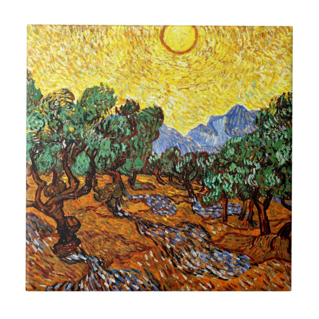 Van Gogh - Olivenbäume mit gelbem Himmel und Sonne Fliese (Vorderseite)