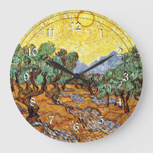 Van Gogh: Olivenbäume mit gelbem Himmel und Sonne  Große Wanduhr
