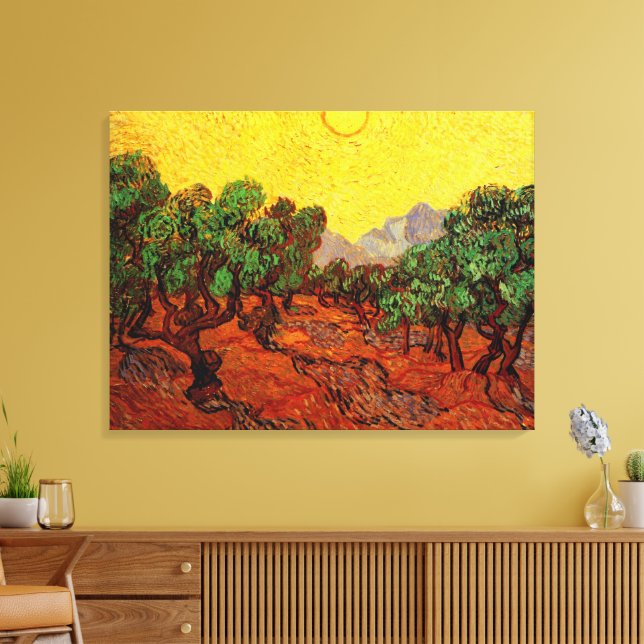 Van Gogh Olivenbäume mit gelbem Himmel und Sonne Leinwanddruck (Insitu (Wohnzimmer))