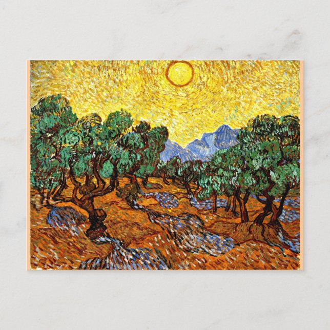 Van Gogh - Olivenbäume mit gelbem Himmel und Sonne Postkarte (Vorderseite)