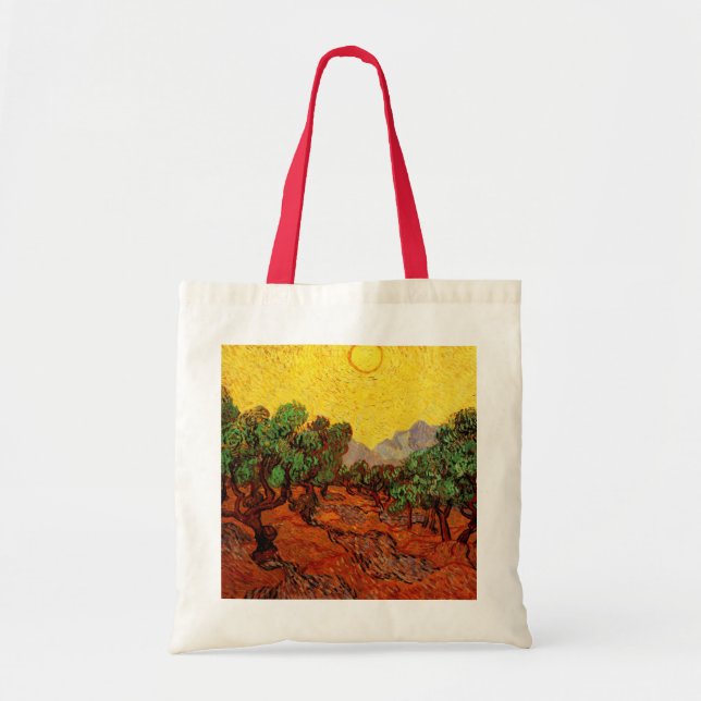 Van Gogh Olivenbäume mit gelbem Himmel und Sonne Tragetasche (Vorne)