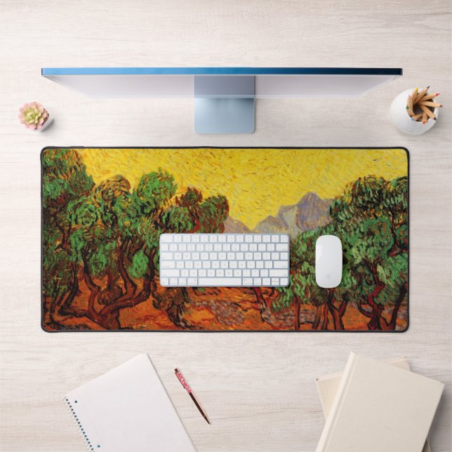 Van Gogh Oliviers avec ciel jaune et soleil (Bureau 1)