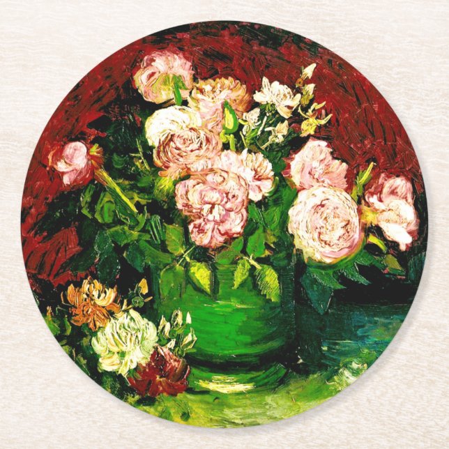 Van Gogh Peonies und Rose Runder Pappuntersetzer (Vorderseite)