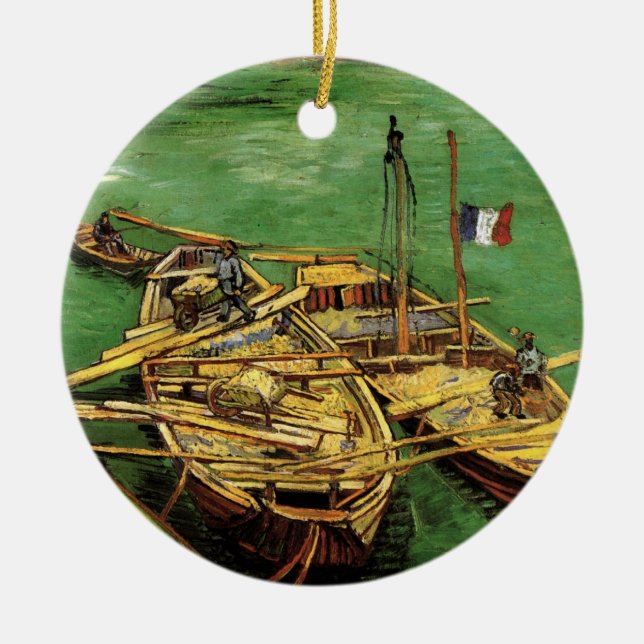 Van Gogh Quay mit Männern entladen Sand Barges Keramik Ornament (Vorne)