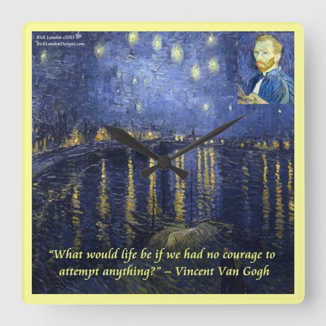 Van Gogh Rhone Starry Night & Quote Wall Clock Quadratische Wanduhr (Vorderseite)