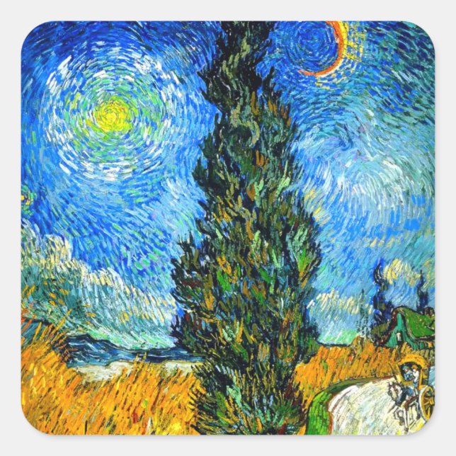Van Gogh Road mit Cypress und Star Quadratischer Aufkleber (Vorderseite)