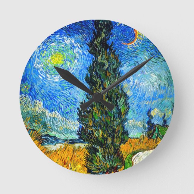 Van Gogh Road mit Cypress und Star Runde Wanduhr (Vorderseite)