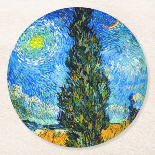 Van Gogh Road mit Cypress und Star Runder Pappuntersetzer