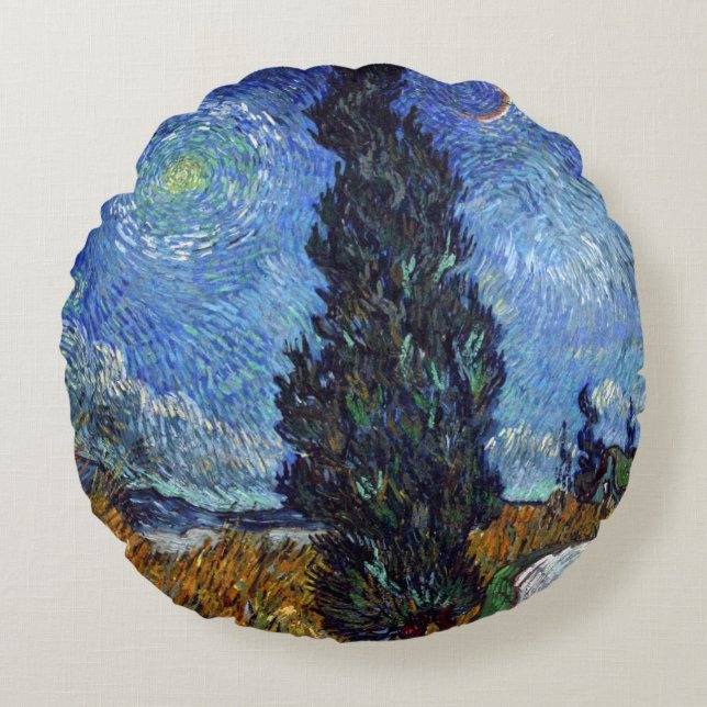 Van Gogh Road mit Cypressionismus Rundes Kissen (Vorderseite)