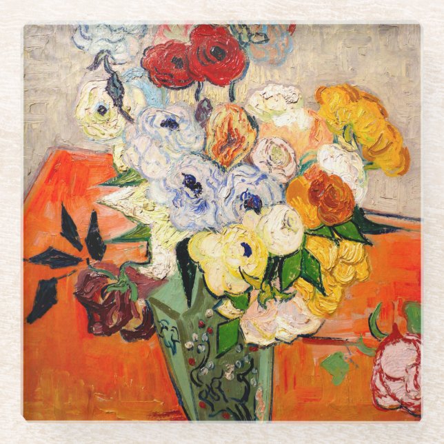 Van Gogh Rose und Anemones Glasuntersetzer (Vorderseite)