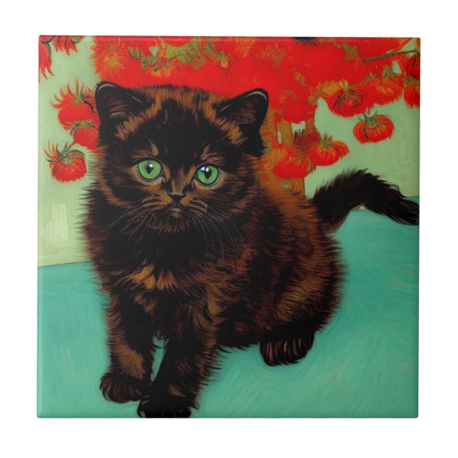 Van Gogh Schwarze Katze Rote Blumen Fliese (Vorderseite)